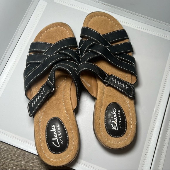 Clarks Shoes - Clarks Collection Roseville Bay Slide Sandal Black Leather Sz 7 Women